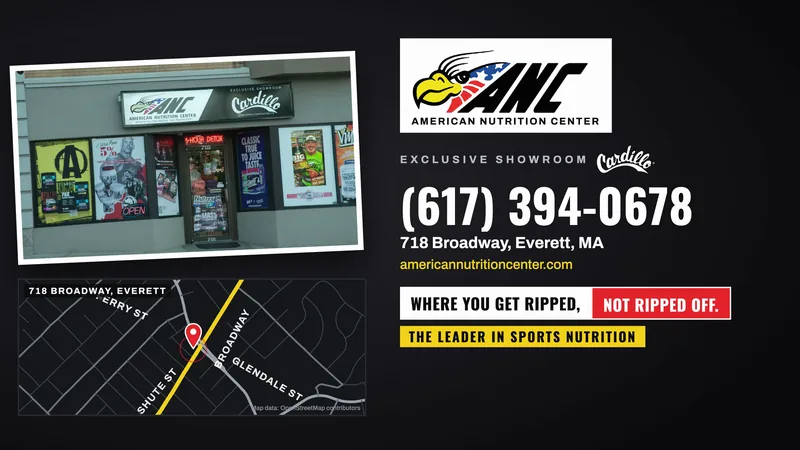 American Nutrition Center end card: storefront, map of 718 Broadway in Everett, phone number, and the slogan Where you get ripped, not ripped off