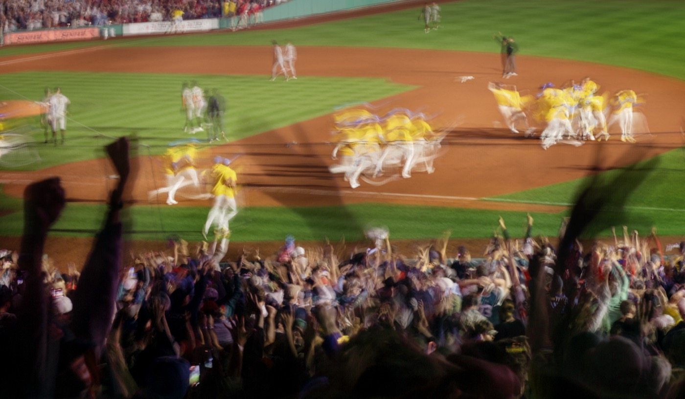 Walk Off in the Ninth Inning: the Red Sox dugout emptying toward home plate as the crowd rises, Fenway Park, Boston, abstract long exposure